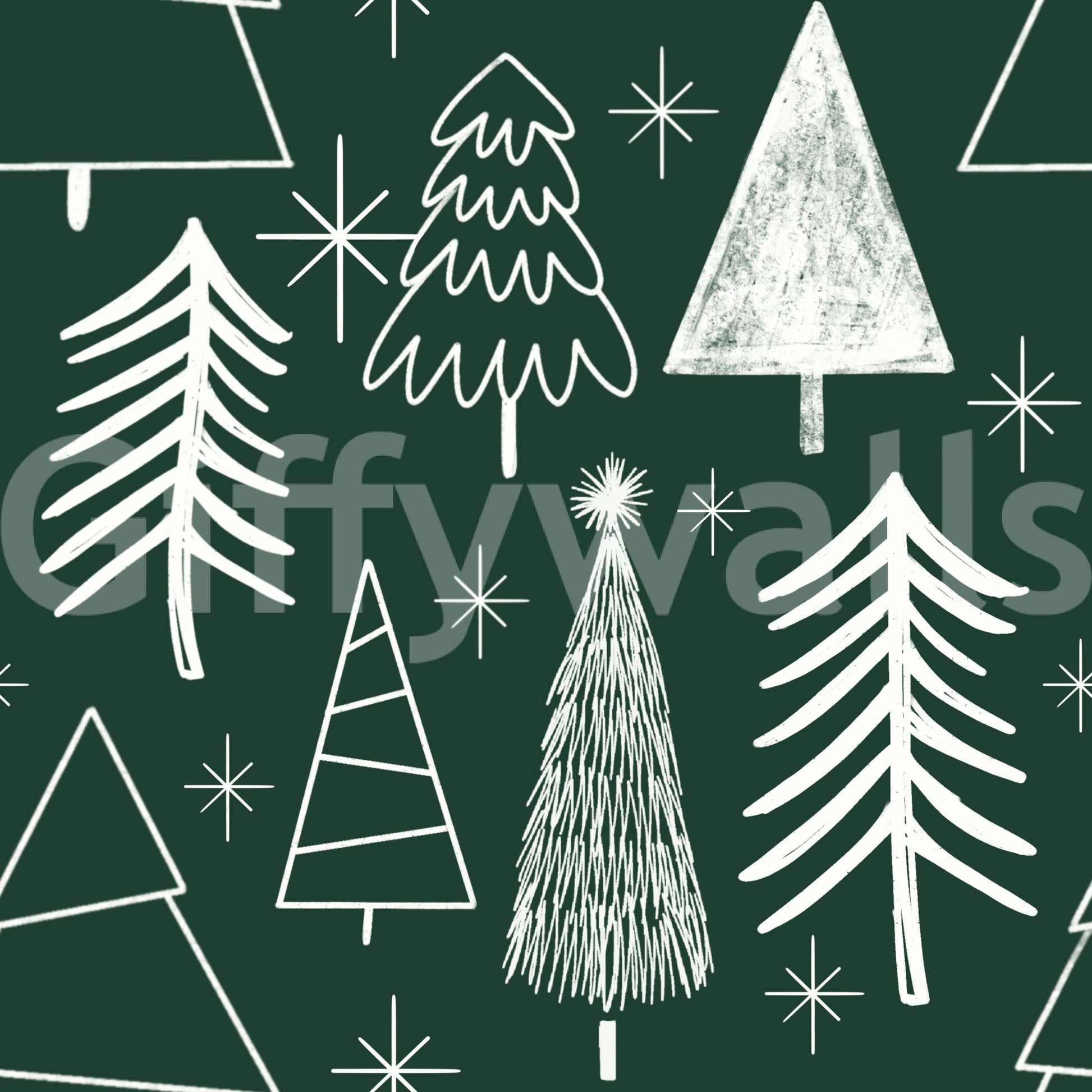 A playful Christmas wallpaper featuring assorted sketched trees and stars on a deep forest green.