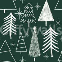 A playful Christmas wallpaper featuring assorted sketched trees and stars on a deep forest green.