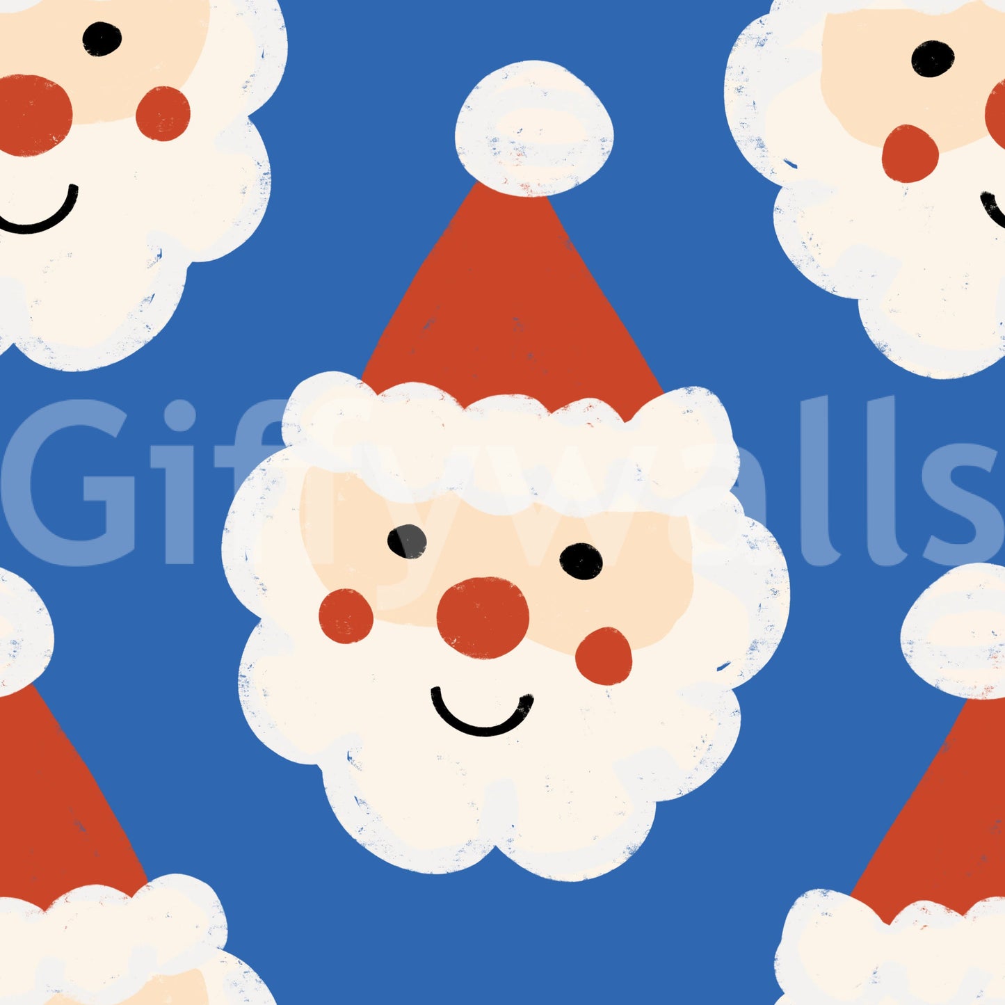 Christmas-themed wallpaper with adorable Santa characters repeating across a blue background.