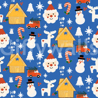A lively winter wallpaper with cute doodle drawings of Santa, reindeer, snowmen, and holiday cabins.