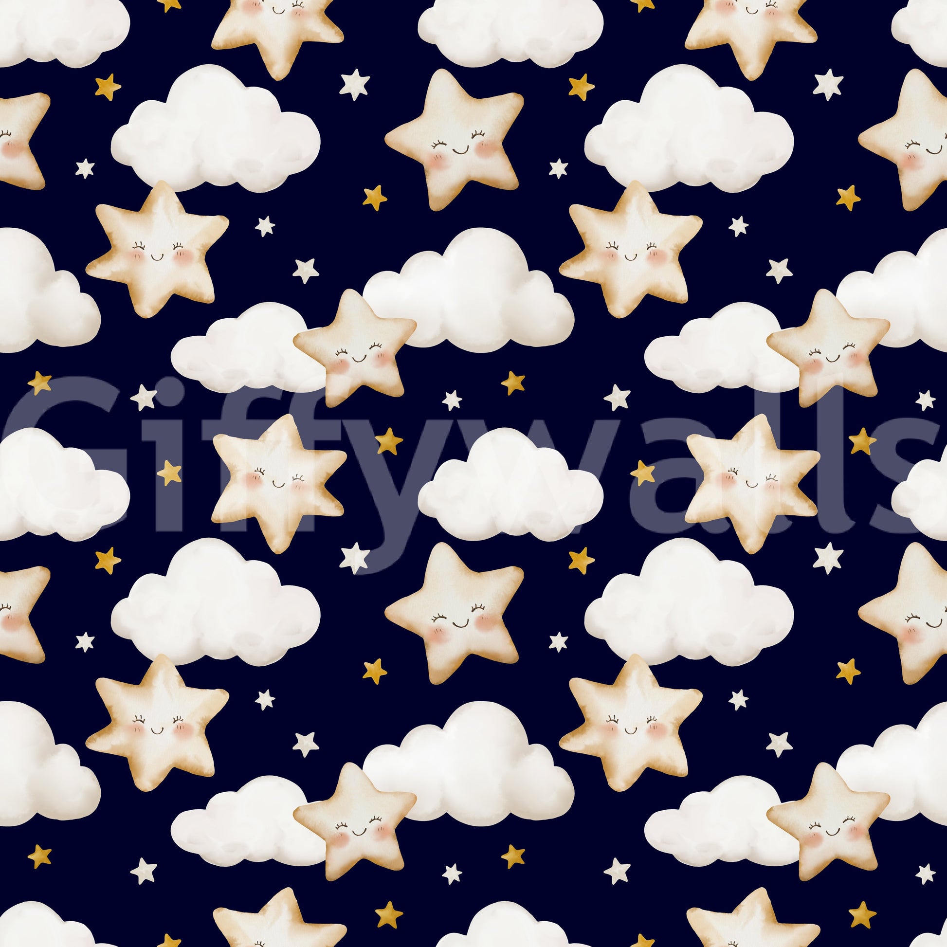 Starry sky wallpaper featuring small twinkling accents and fluffy clouds arranged in a sweet pattern.