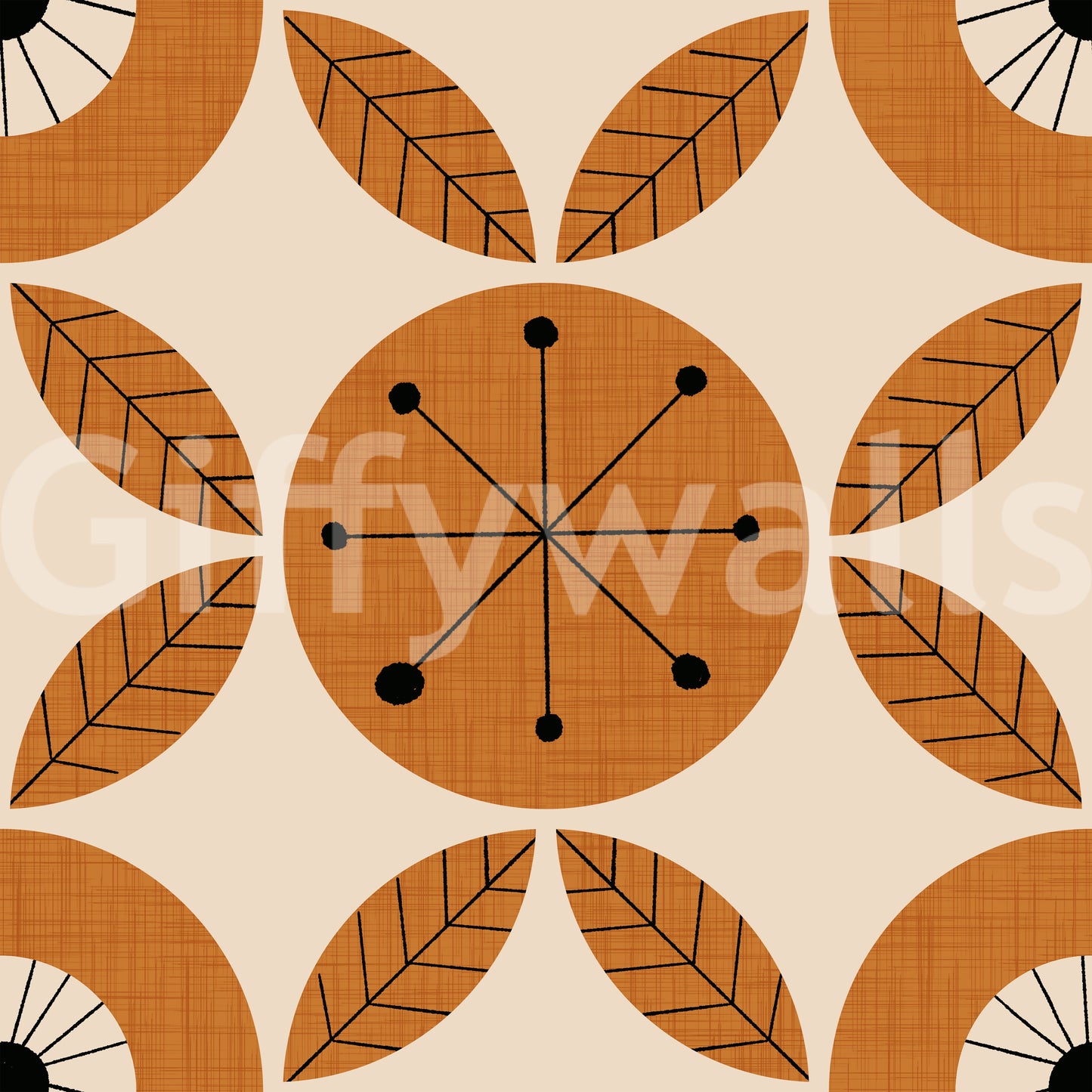 A stylish mid-century charm wallpaper with rhythmically arranged circles and leaf shapes.