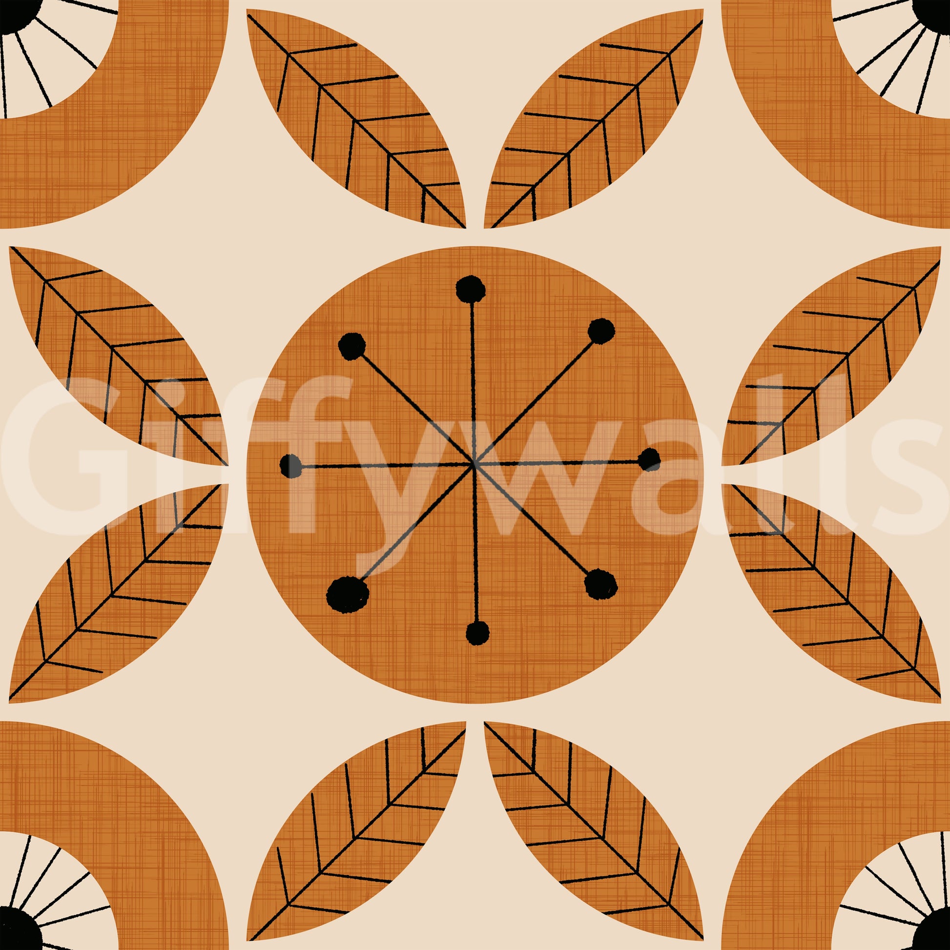 A stylish mid-century charm wallpaper with rhythmically arranged circles and leaf shapes.