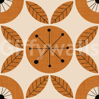 A stylish mid-century charm wallpaper with rhythmically arranged circles and leaf shapes.