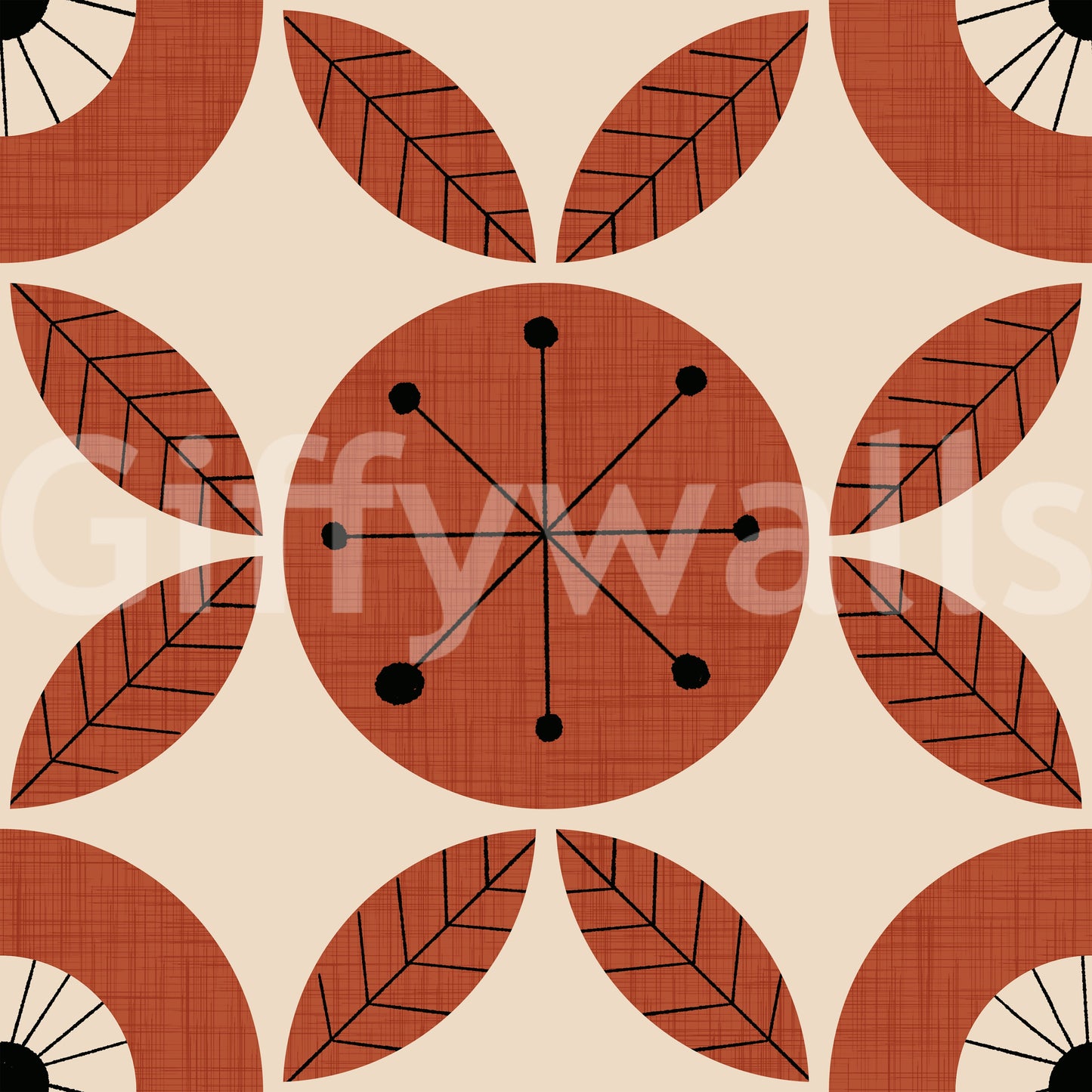 Stylized wallpaper featuring circular flower designs and radiating dot patterns in a vintage palette.