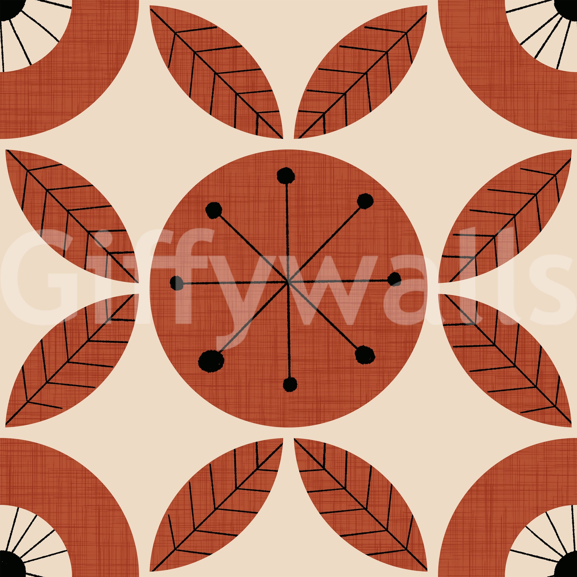 Stylized wallpaper featuring circular flower designs and radiating dot patterns in a vintage palette.