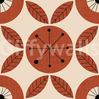 Stylized wallpaper featuring circular flower designs and radiating dot patterns in a vintage palette.