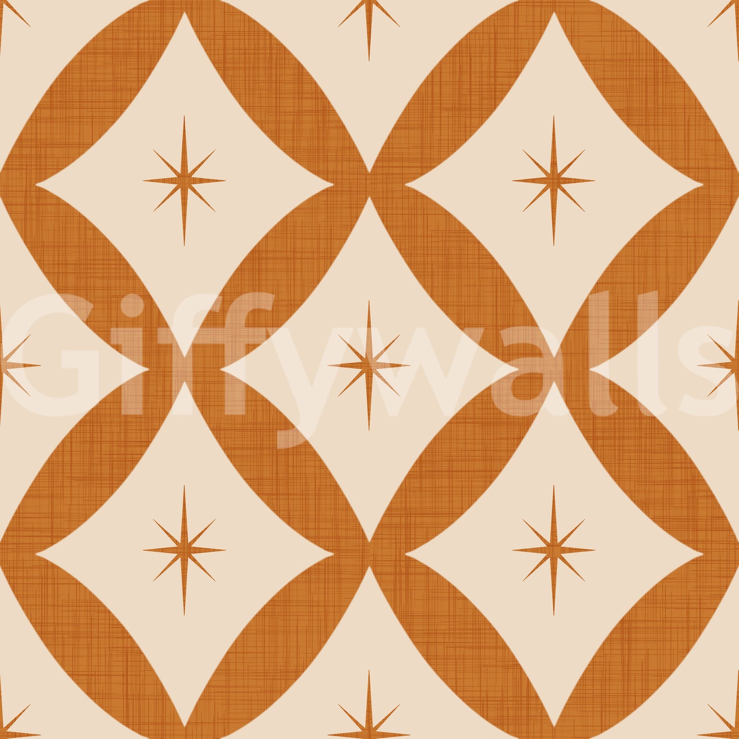 Mid-century geometric wallpaper featuring looping diamond patterns and subtle star accents.