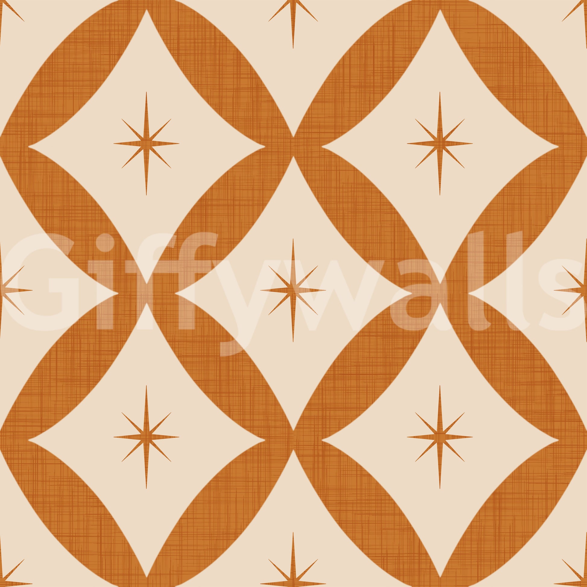 Mid-century geometric wallpaper featuring looping diamond patterns and subtle star accents.