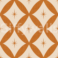 Mid-century geometric wallpaper featuring looping diamond patterns and subtle star accents.