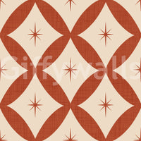 Mid-century geometric wallpaper with tiled diamond forms and starburst centers.