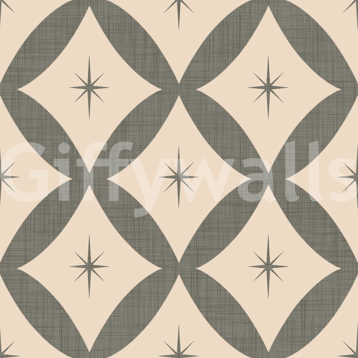 Abstract geometric wallpaper with olive diamonds arranged in a grid with starburst details.