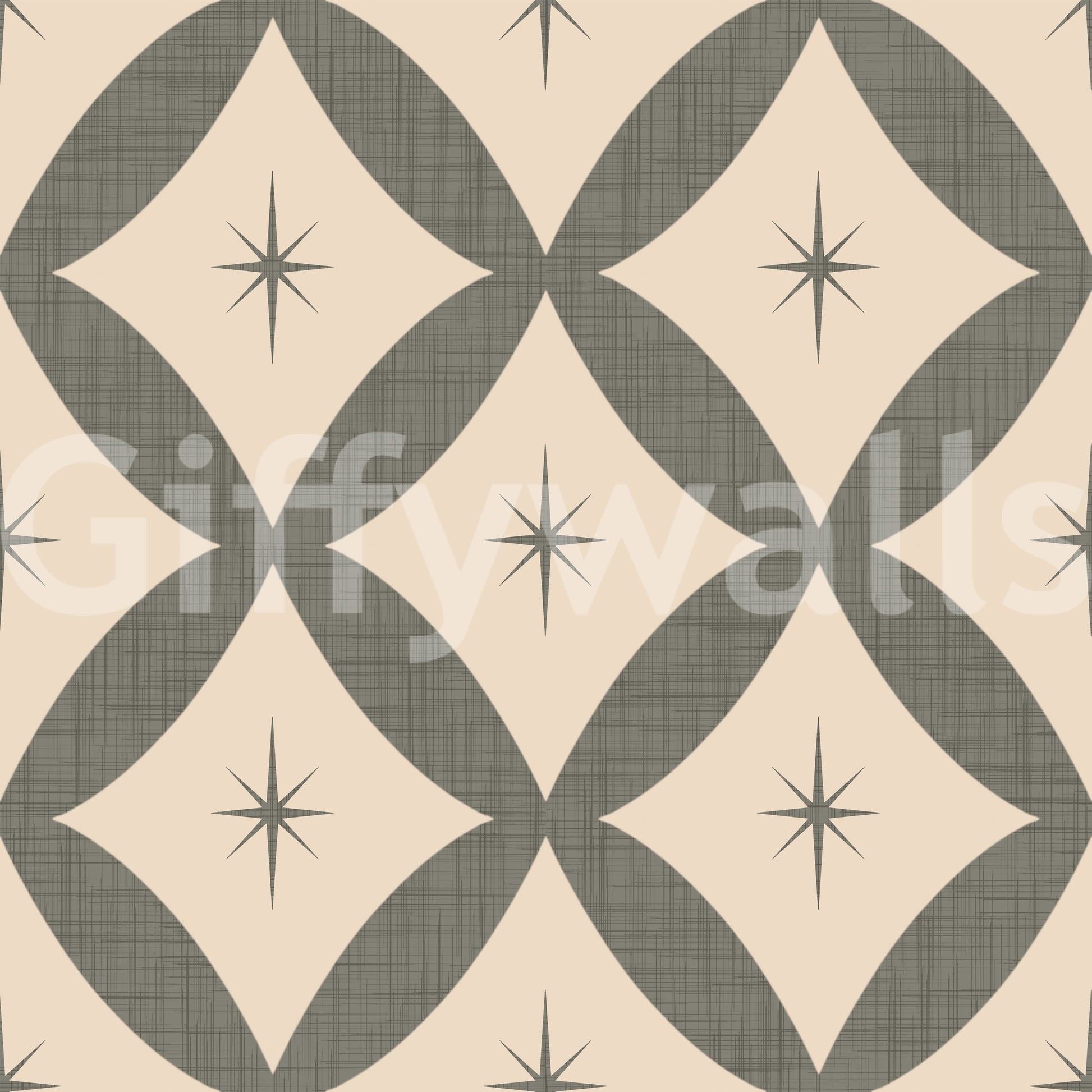 Abstract geometric wallpaper with olive diamonds arranged in a grid with starburst details.