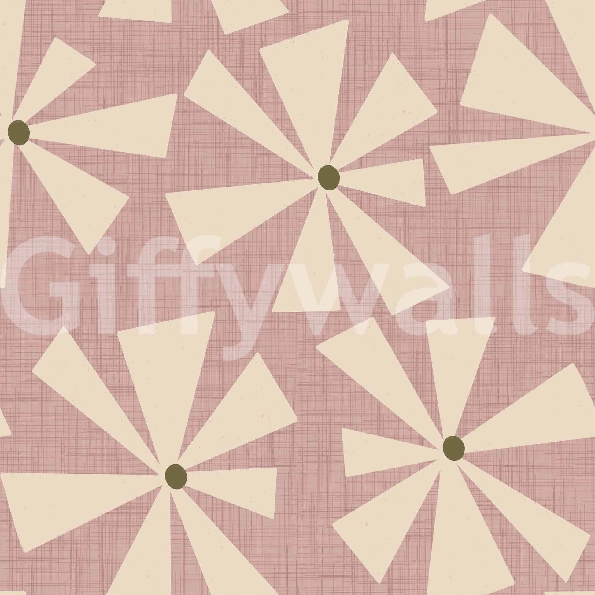 Vintage floral burst wallpaper blending star-like cream petals with a muted pink tone.