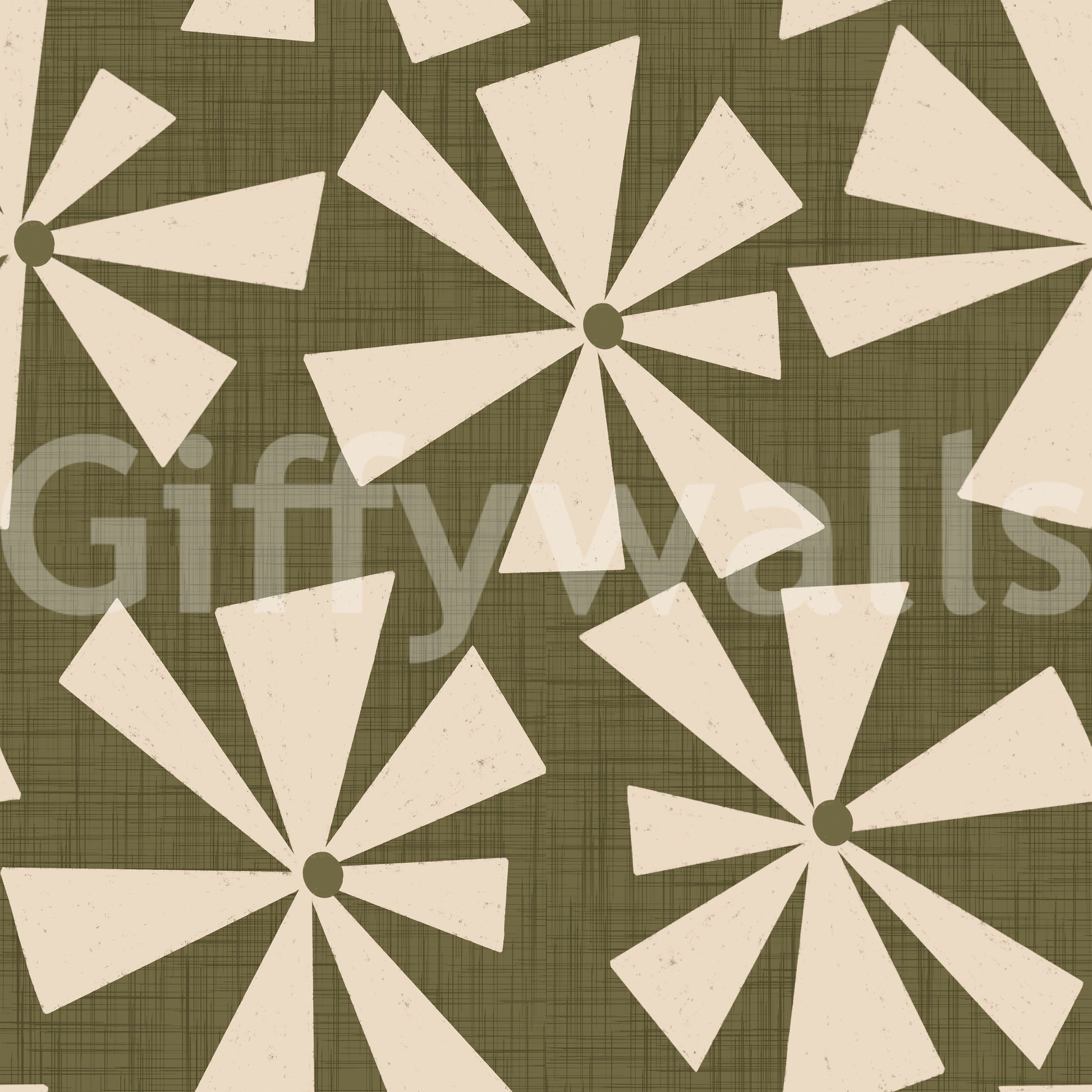 Soft geometric wallpaper with retro pinwheel bursts in a warm, earthy palette.