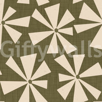 Soft geometric wallpaper with retro pinwheel bursts in a warm, earthy palette.