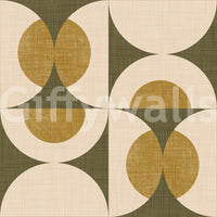 Patterned wallpaper featuring mid-century curves and circular shapes in earthy tones.