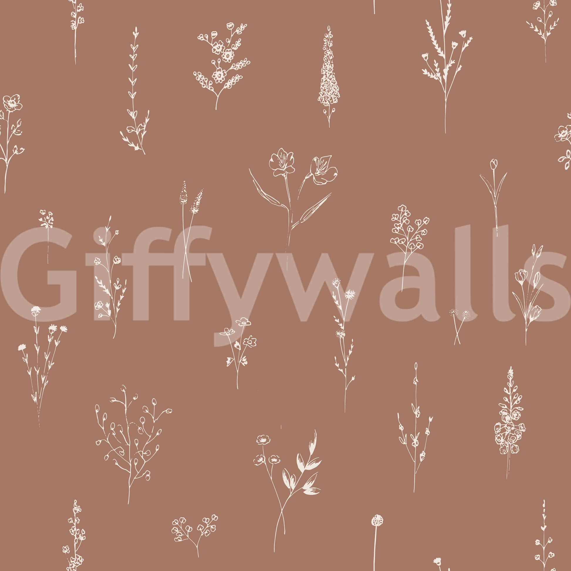 Minimalist cream-on-brown floral artwork with scattered botanical sketches for a rustic feel