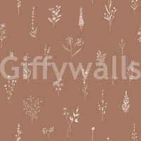 Minimalist cream-on-brown floral artwork with scattered botanical sketches for a rustic feel