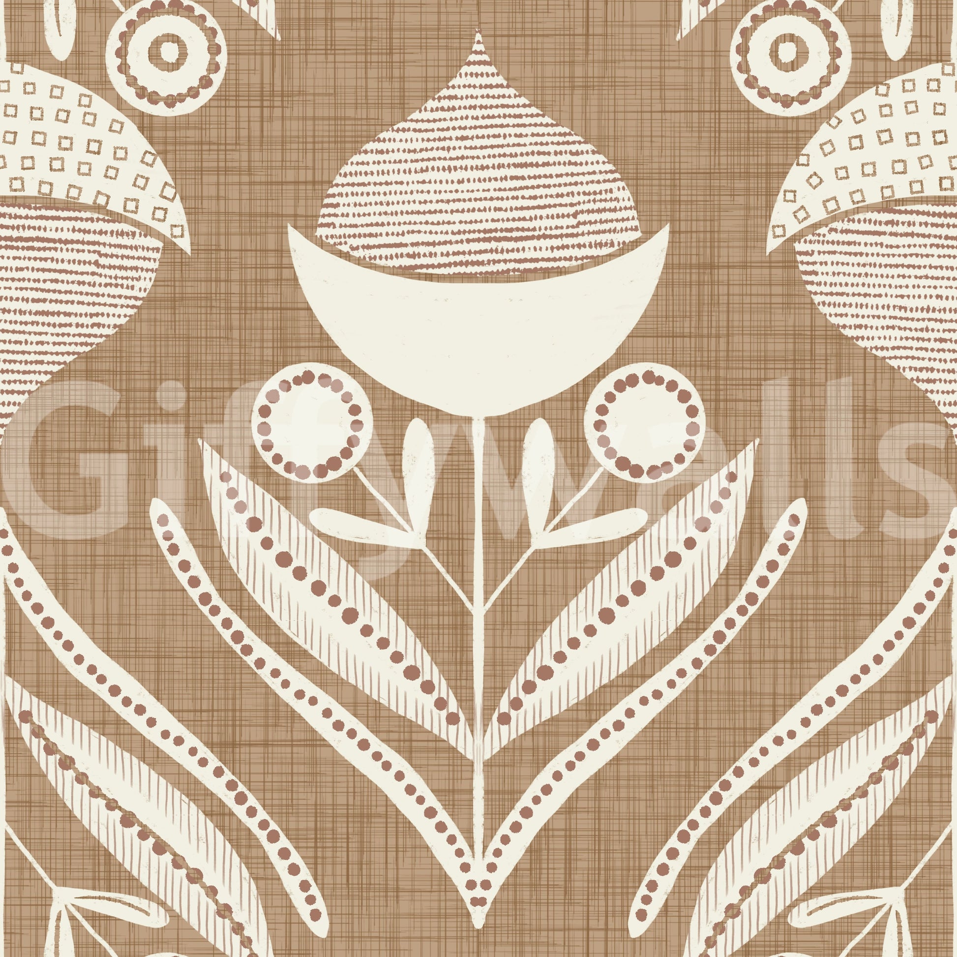 Rustic floral wallpaper blending cream petals and beige linework on a woven brown background