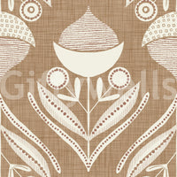 Rustic floral wallpaper blending cream petals and beige linework on a woven brown background