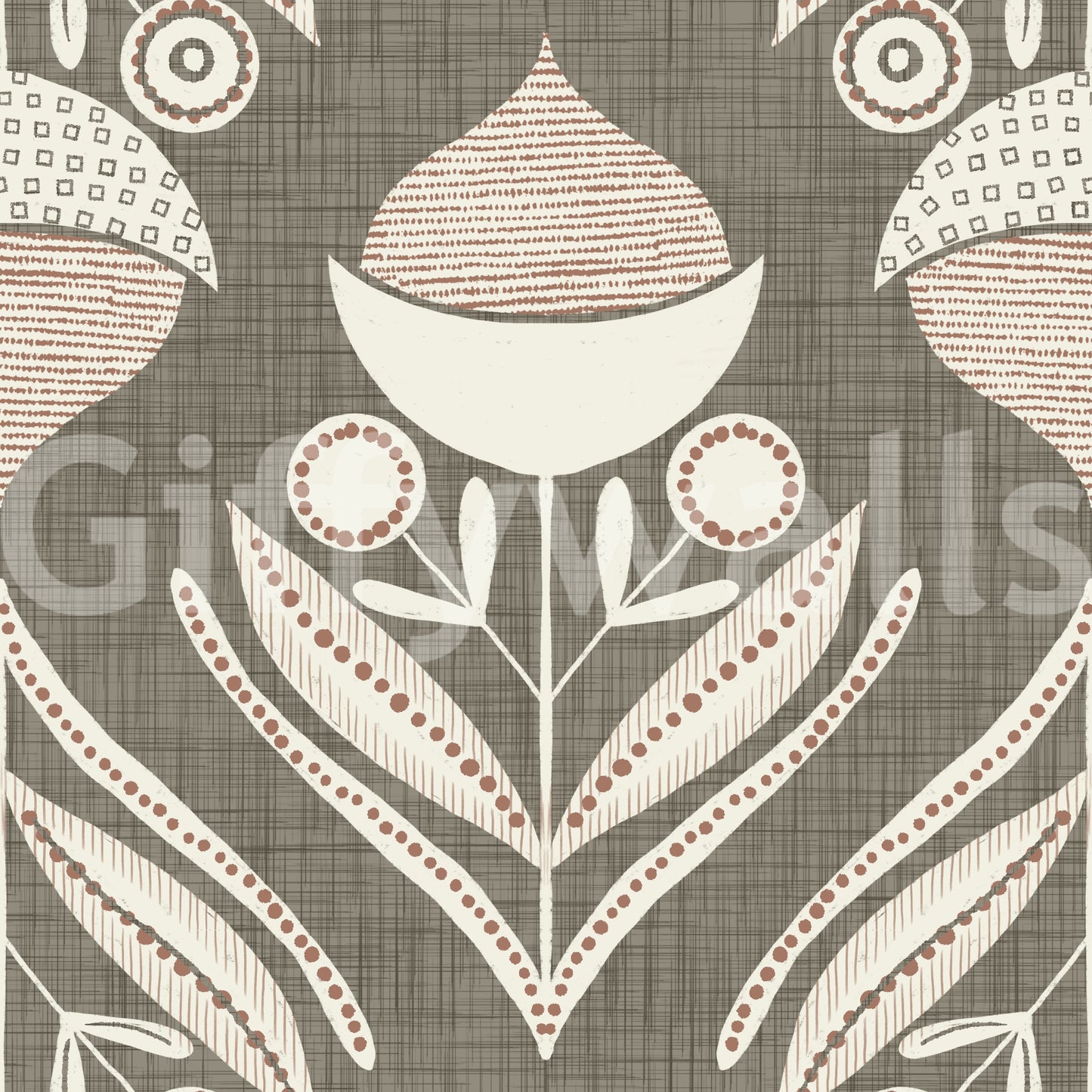 Earthy floral wallpaper blending cream petals and beige linework on a woven gray surface