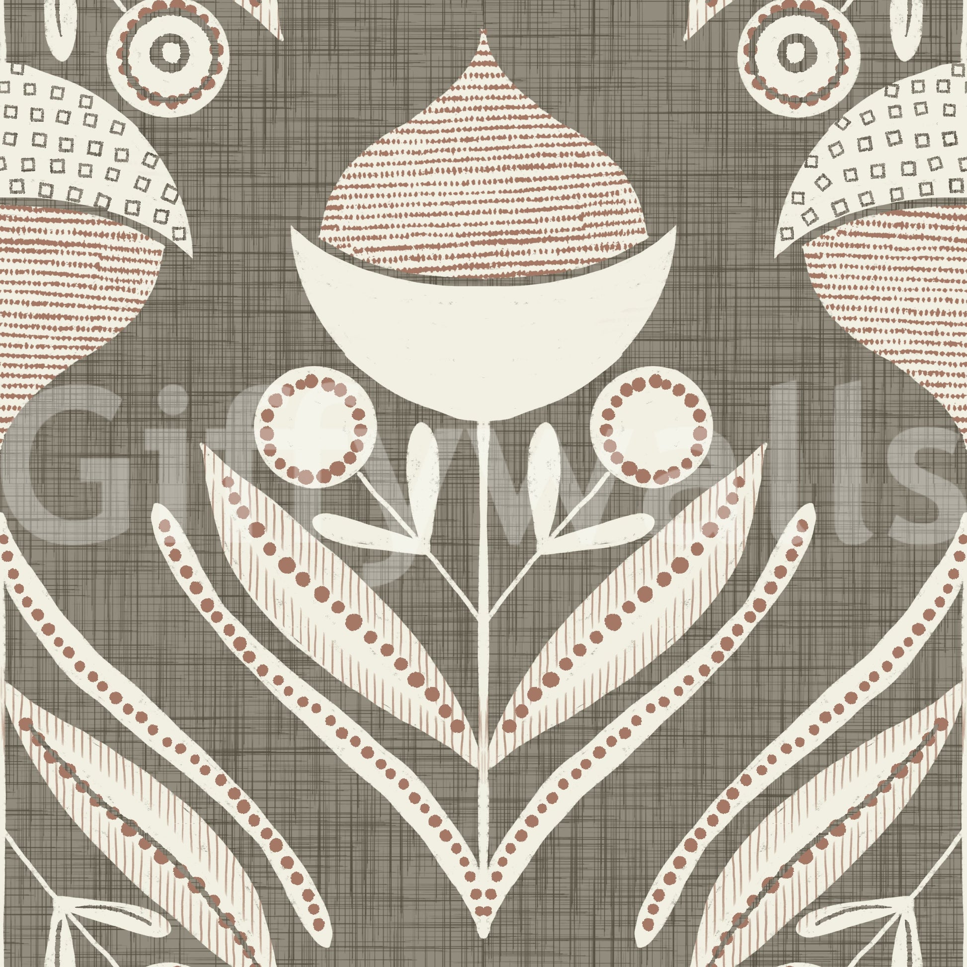 Earthy floral wallpaper blending cream petals and beige linework on a woven gray surface