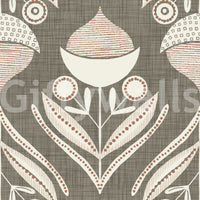 Earthy floral wallpaper blending cream petals and beige linework on a woven gray surface