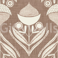 Repeating folk art design with curved leaves, circular buds, and textured pods in beige