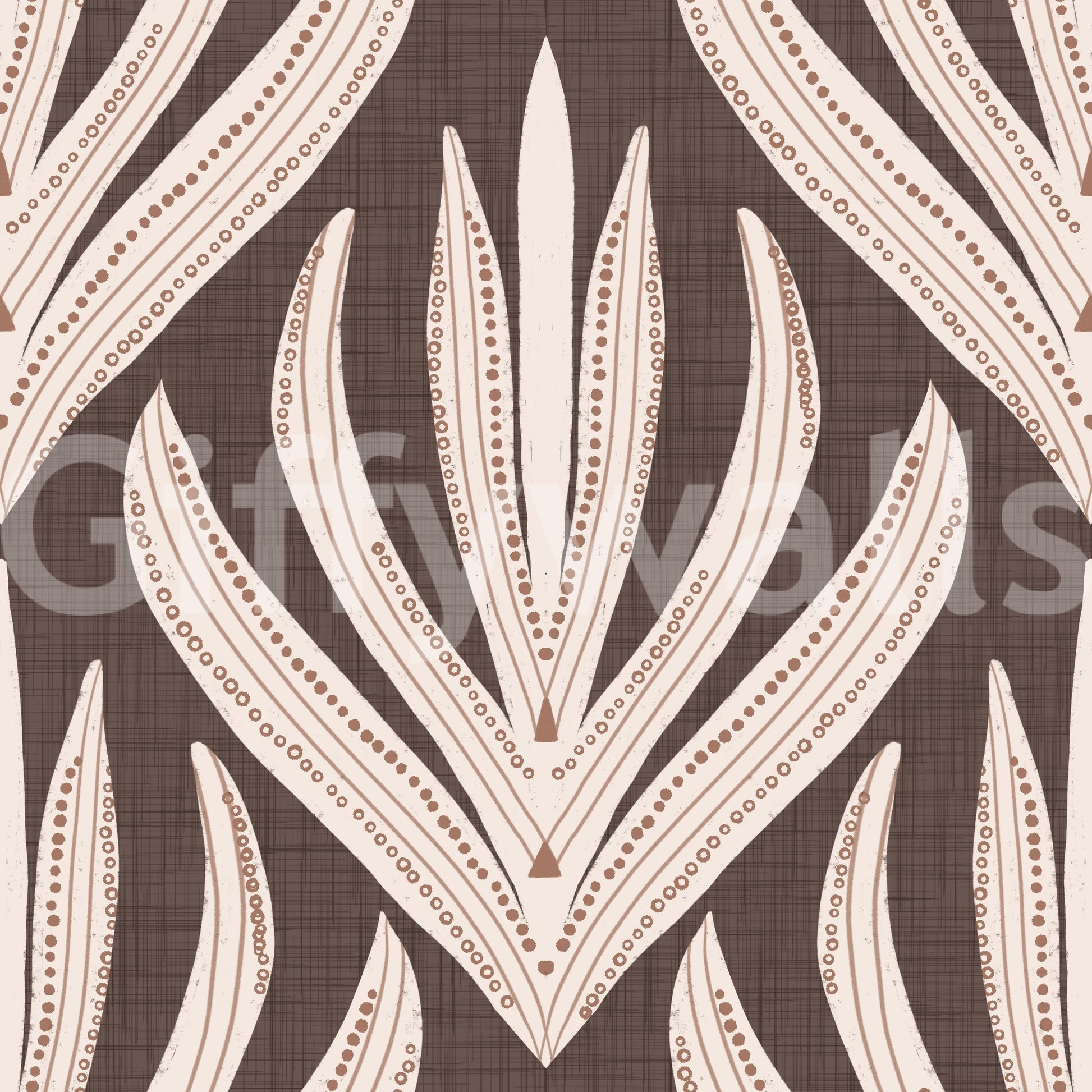 Decorative wallpaper featuring cream and terracotta leaf illustrations on a natural brown background.