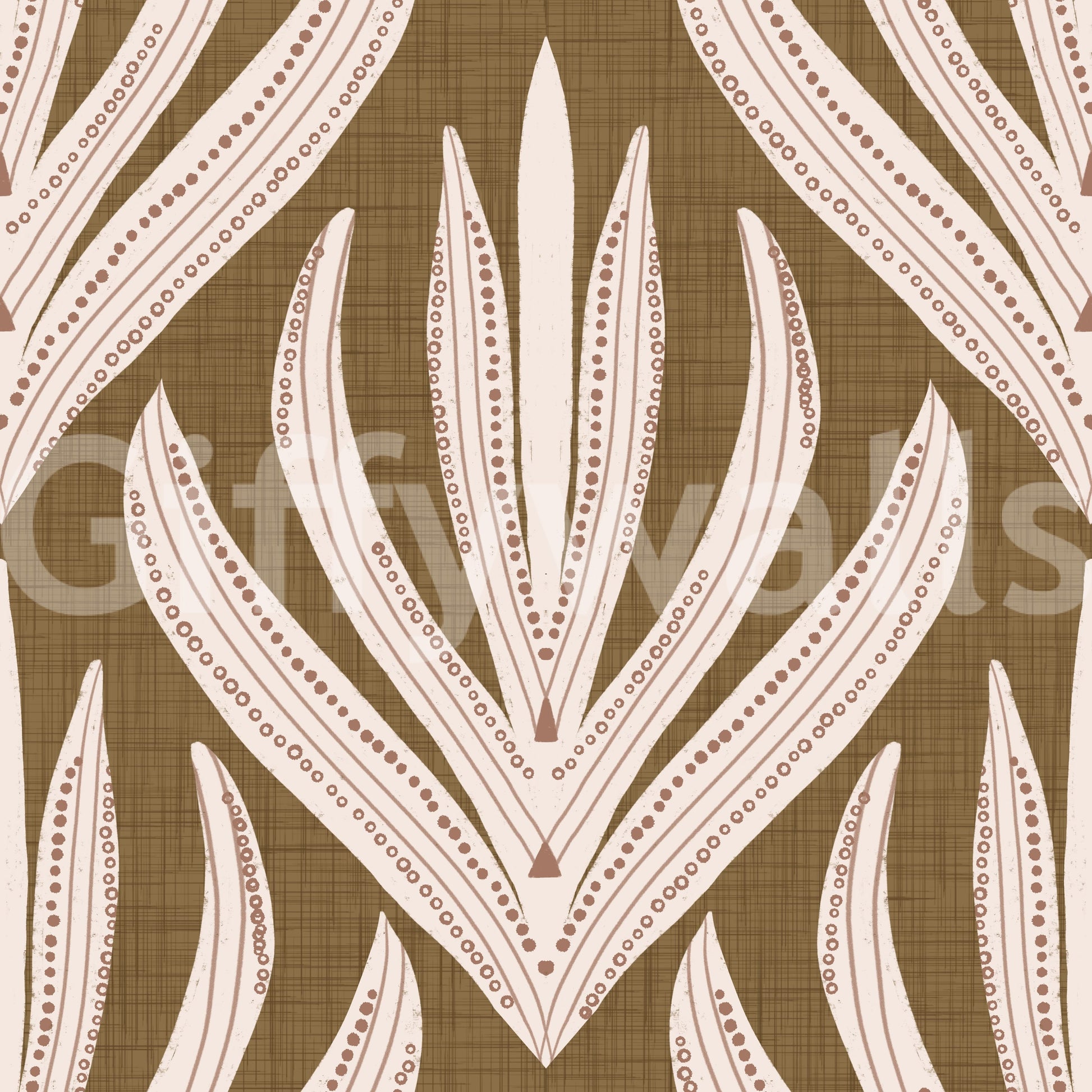 Decorative wallpaper featuring cream and terracotta leaf illustrations on a natural brown background.