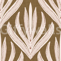 Decorative wallpaper featuring cream and terracotta leaf illustrations on a natural brown background.