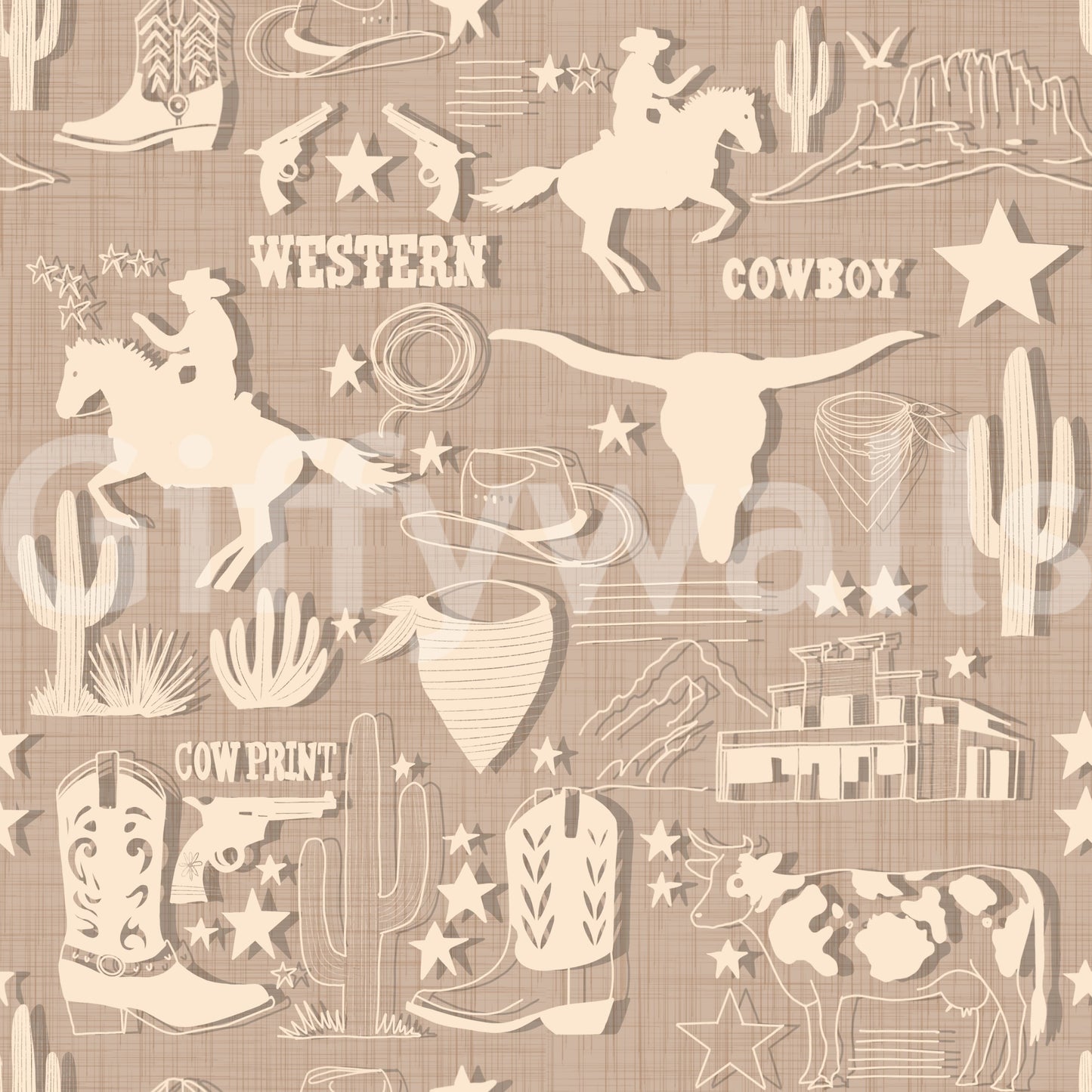 Patterned western wallpaper featuring cowboys, horses, and desert motifs in a muted rustic texture.