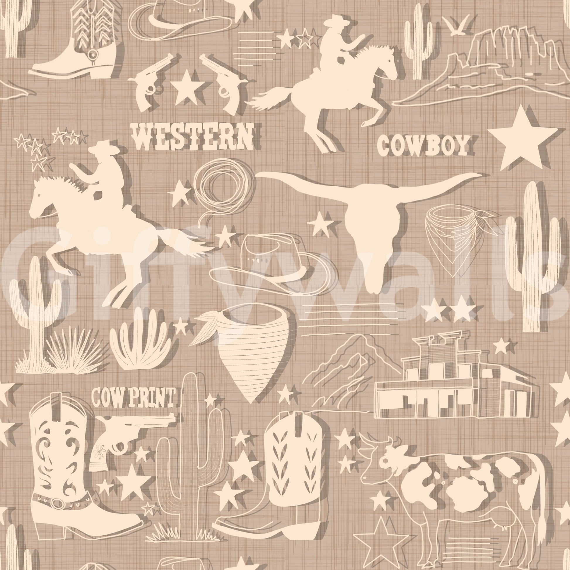 Patterned western wallpaper featuring cowboys, horses, and desert motifs in a muted rustic texture.