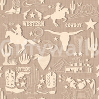 Patterned western wallpaper featuring cowboys, horses, and desert motifs in a muted rustic texture.