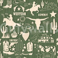 Vintage western wallpaper with illustrated frontier symbols in an organic, hand-sketched design.