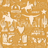 Country Western wallpaper featuring cowboy silhouettes and desert motifs on an ochre background.