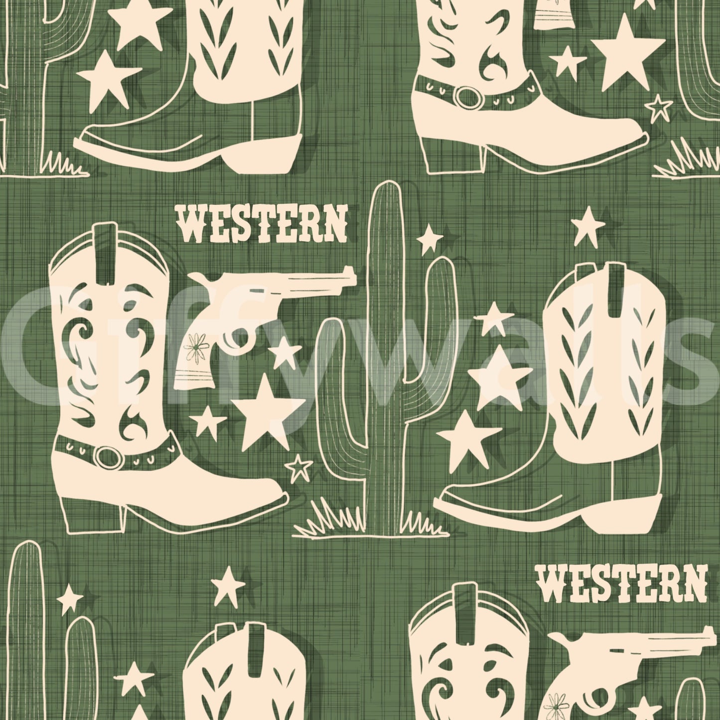 Frontier-inspired wallpaper showcasing cowboy boots, pistols, and cacti in a bold Western theme.