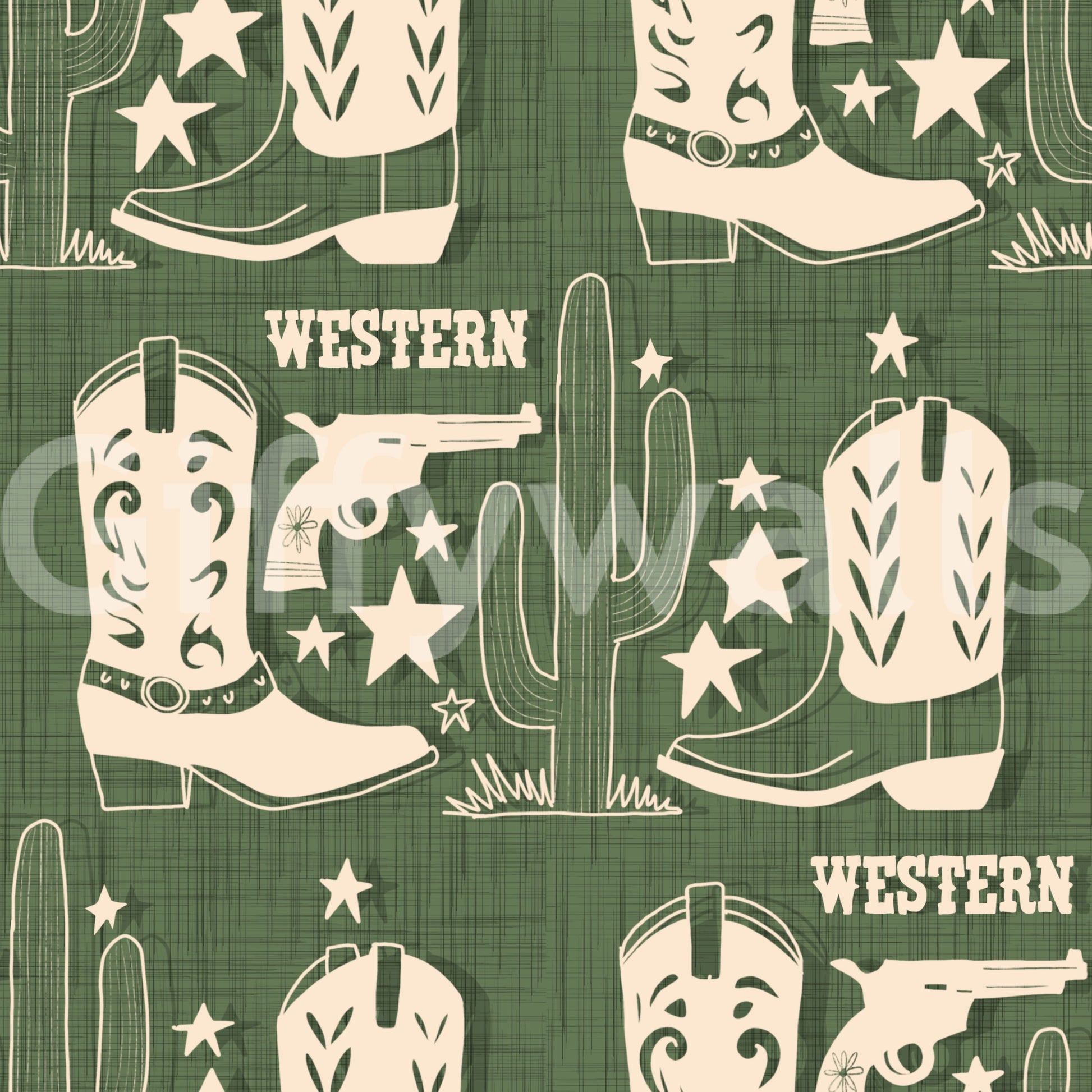 Frontier-inspired wallpaper showcasing cowboy boots, pistols, and cacti in a bold Western theme.