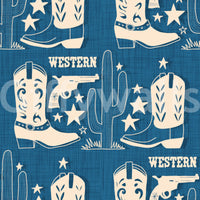 Cowboy Dreams wallpaper with earthy beige tones and repeating Western iconography.