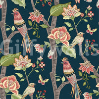 Intricate botanical wallpaper with illustrated birds and blooming florals in a seamless layout.