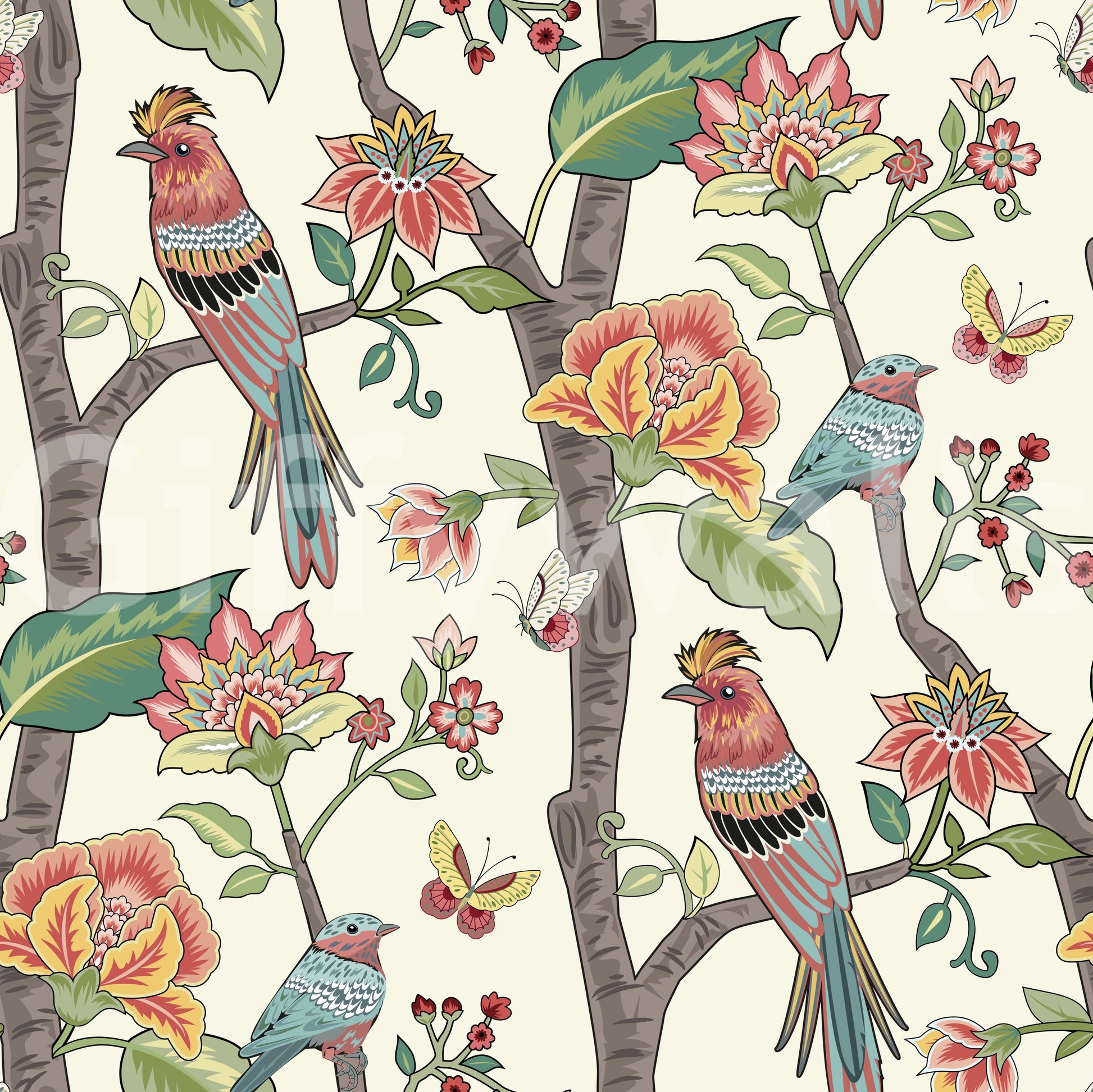Detailed nature wallpaper featuring colorful birds sitting on branches with vivid floral accents.