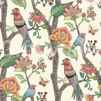 Detailed nature wallpaper featuring colorful birds sitting on branches with vivid floral accents.