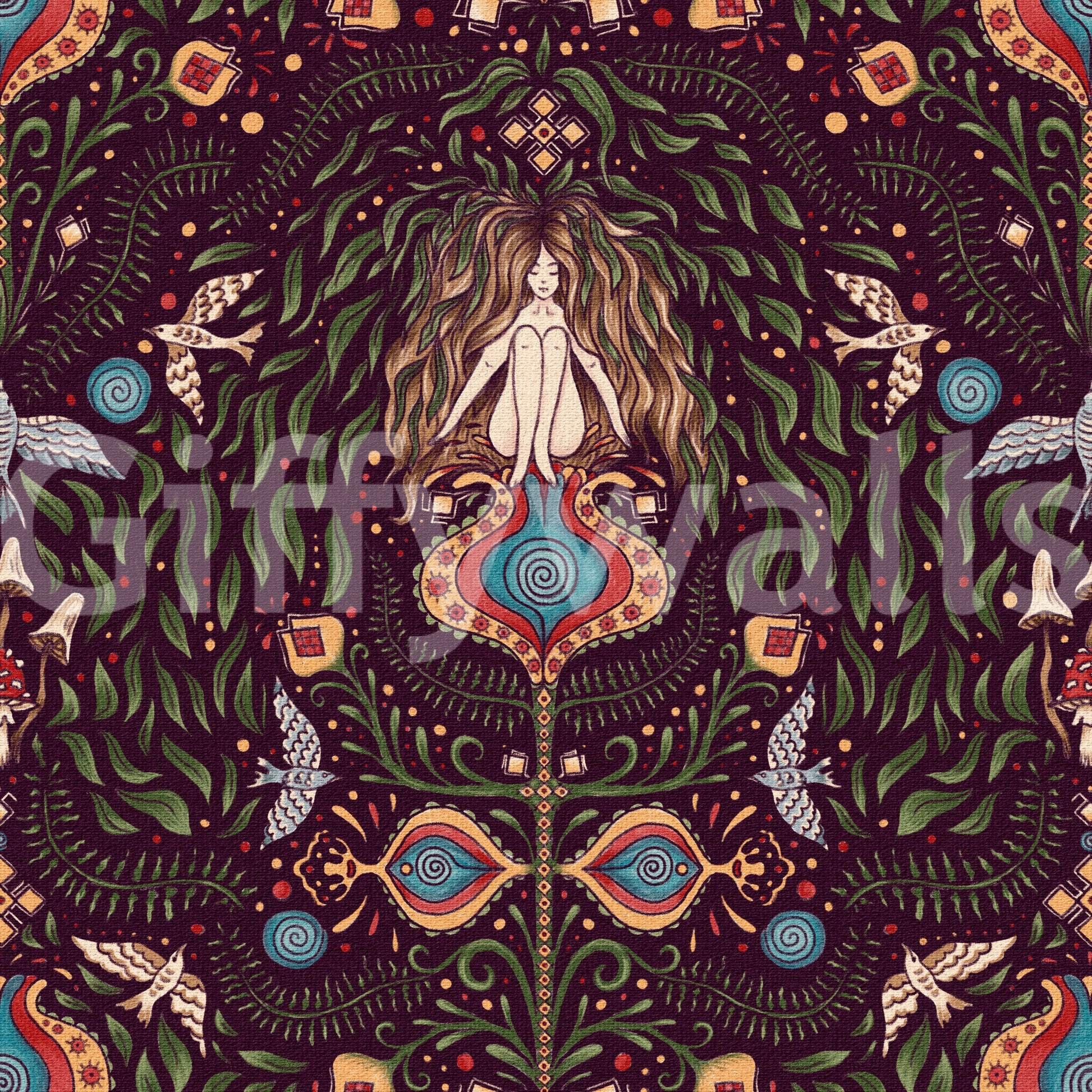 Enchanted forest wallpaper featuring stylized plants, animals, and symbolic boho shapes.