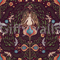 Enchanted forest wallpaper featuring stylized plants, animals, and symbolic boho shapes.