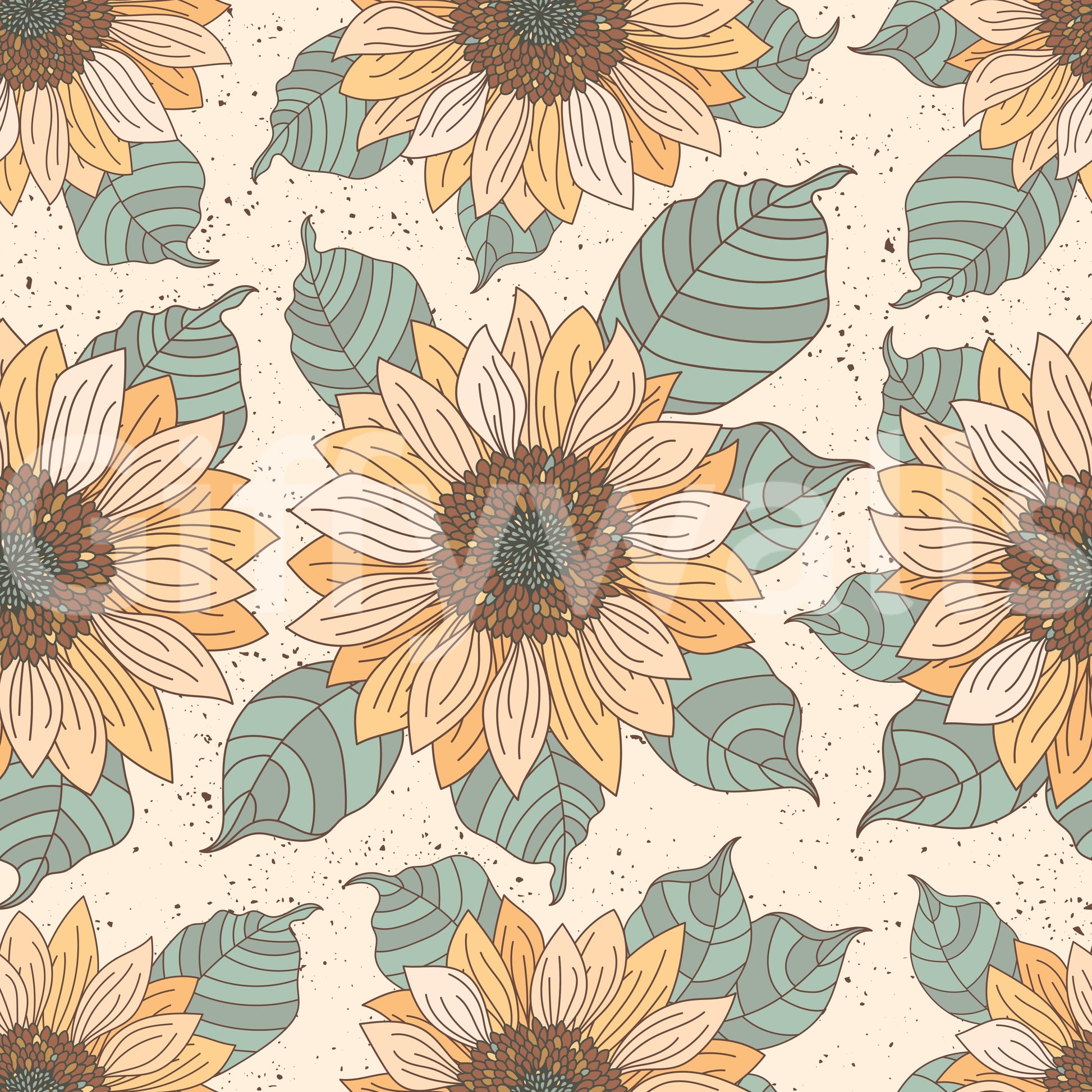 Rustic sunflower wallpaper with warm petals, teal leaves, and fine speckled background details.
