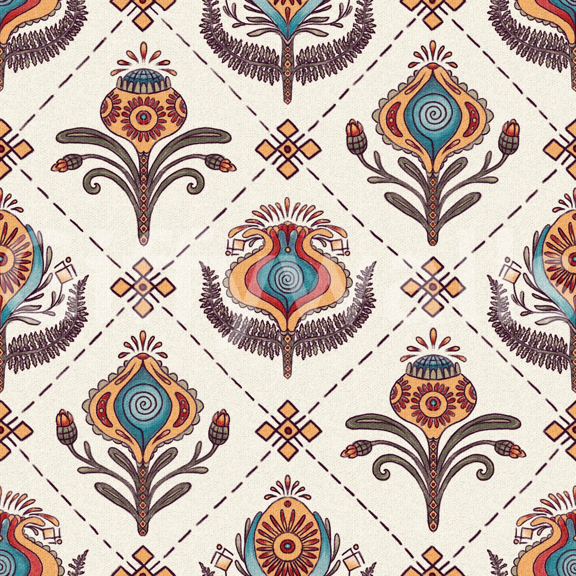 Repeating boho floral wallpaper featuring stylized blooms set within an even grid layout.