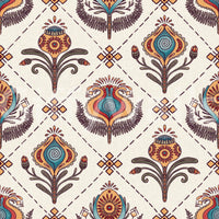 Repeating boho floral wallpaper featuring stylized blooms set within an even grid layout.
