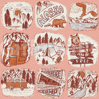 Adventure wallpaper mural with sketchy wilderness designs, including tents, mountains, and animals.