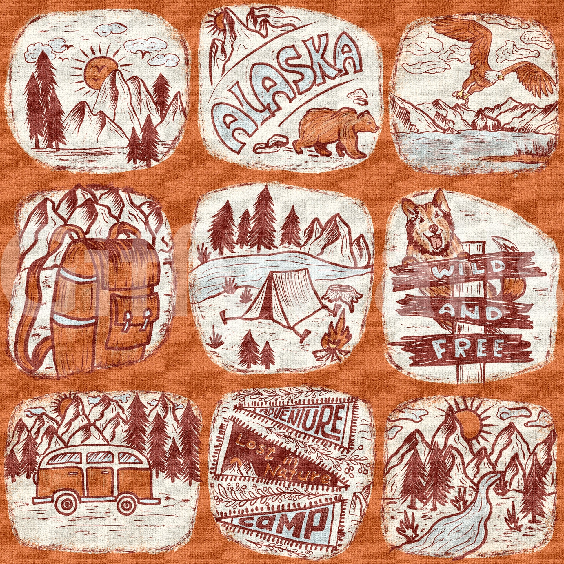 Adventure doodle wallpaper featuring hikers, trees, and map symbols.